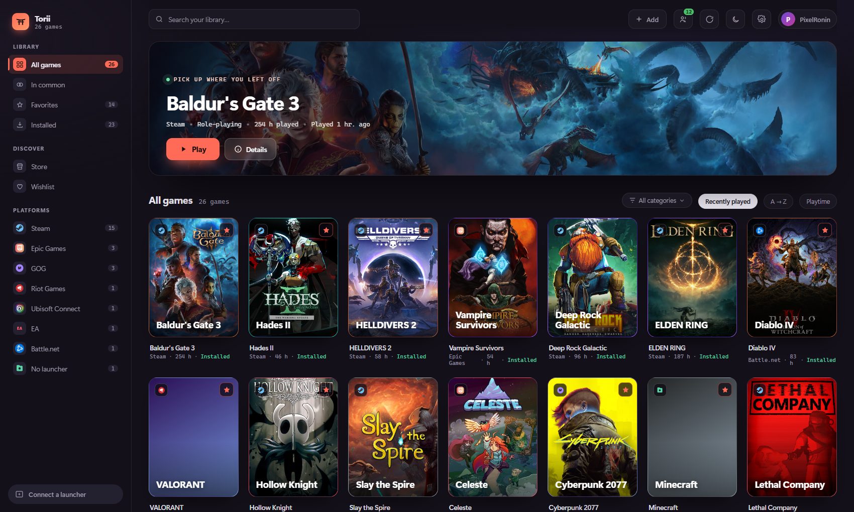 The Torii library: a sidebar by platform, a featured game and a grid of covers.